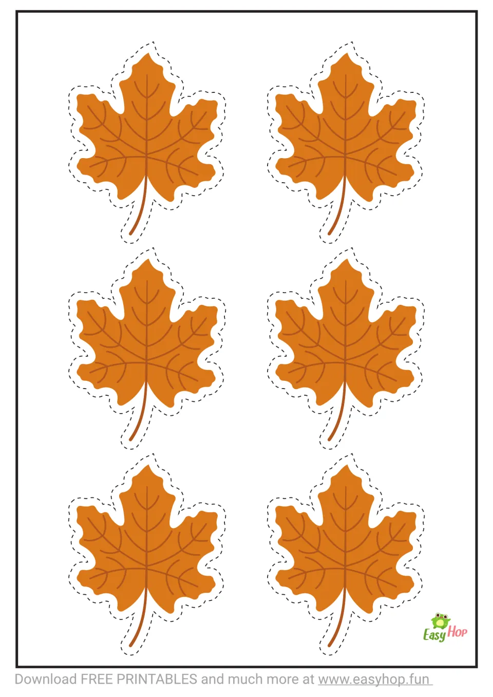 Cutting template 3 of 3: six small orange maple leaves with brown veins and dashed cutting guides.
