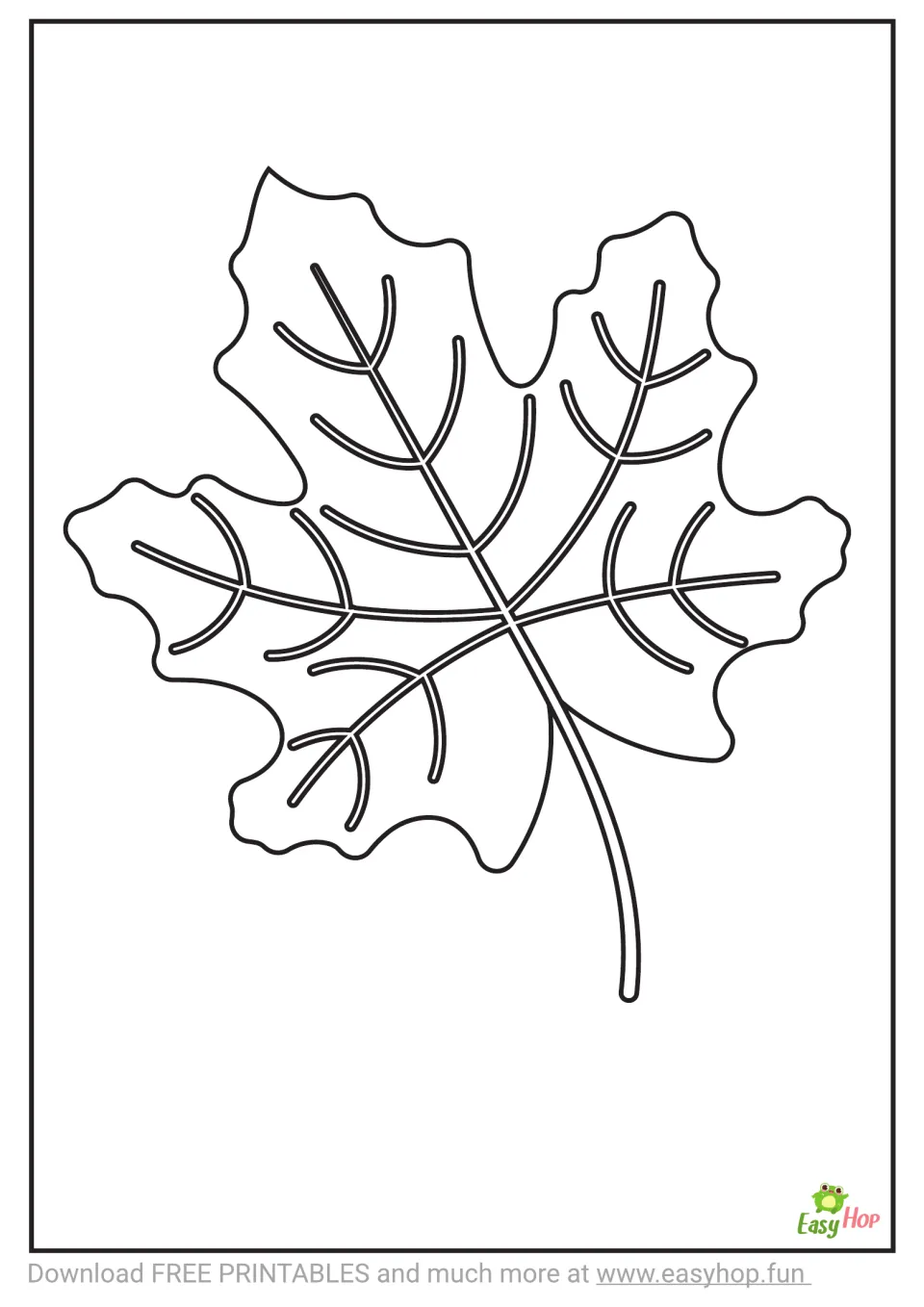 Coloring template 1 of 3: one large maple leaf with a curved stem and branching veins outlined in black.