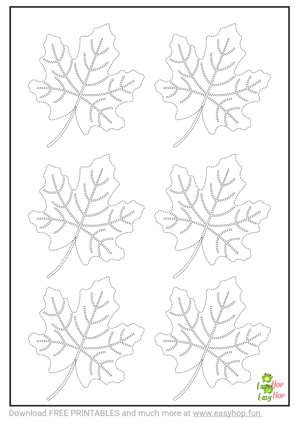 Tracing template 3 of 3: six small maple leaves with dashed contours, curved stems, and branching veins to trace.
