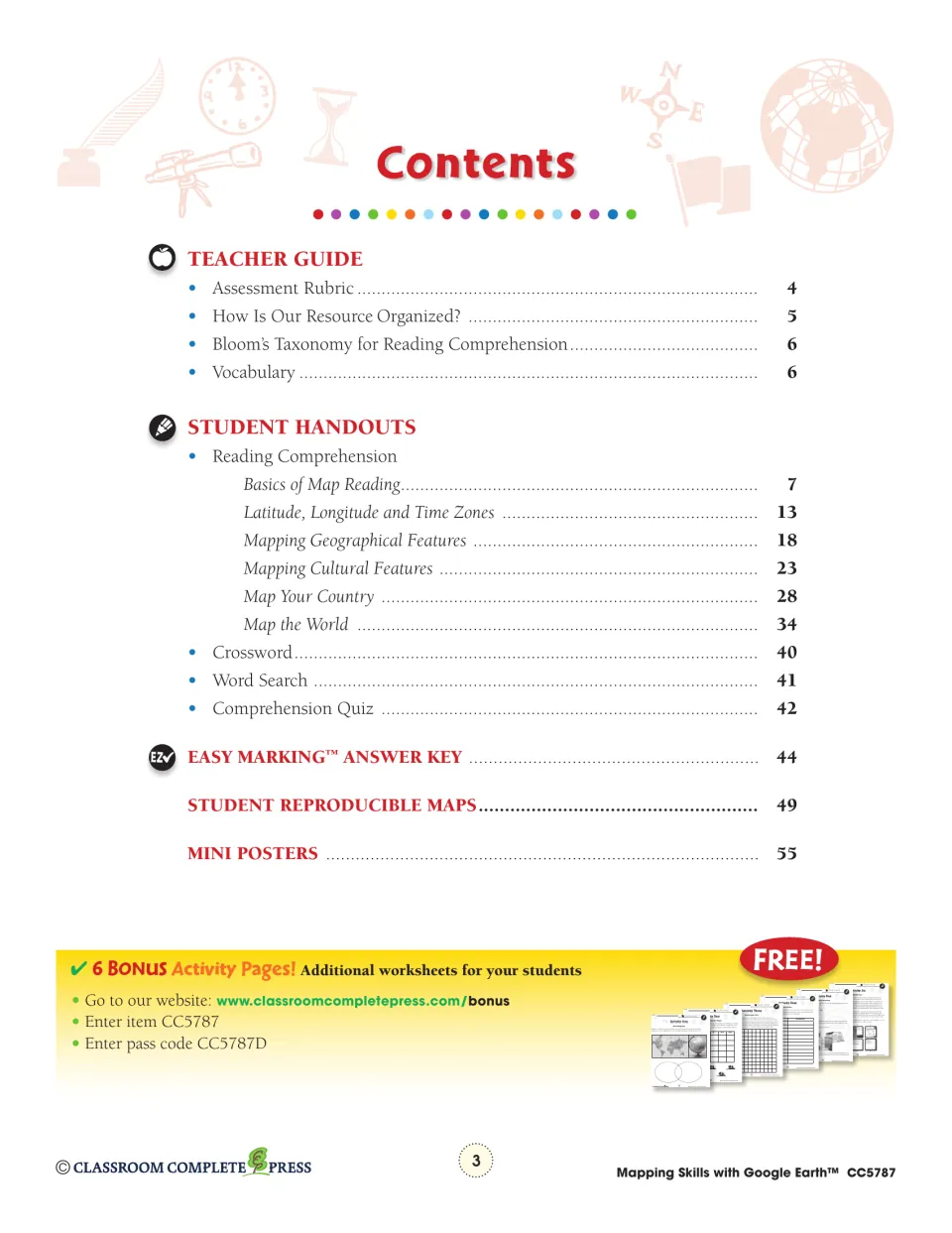 Contents: teacher guide, six reading units from Basics of Map Reading to Map the World, crossword, quiz, answer key, posters