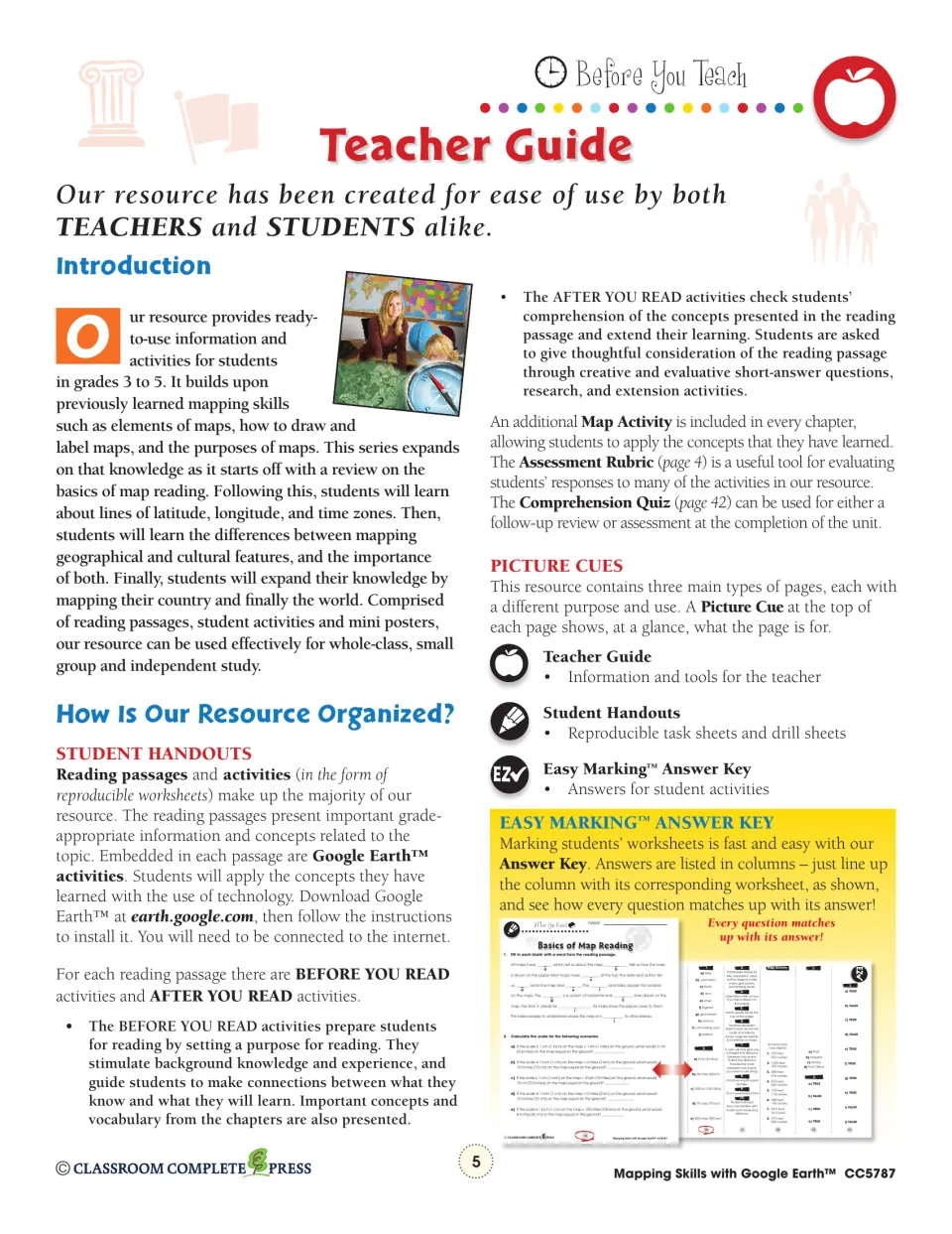 Teacher guide introduction explaining reading passages, before and after you read tasks, picture cues and the answer key