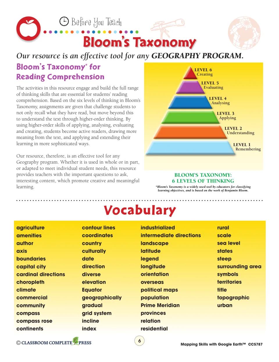 Bloom's Taxonomy pyramid of six thinking levels, followed by a vocabulary list of map terms from agriculture to urban