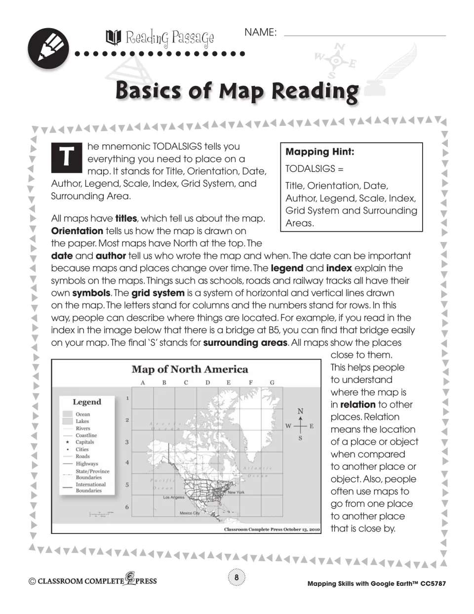 Reading passage on the TODALSIGS mnemonic for map parts, with a gridded Map of North America showing a legend and compass