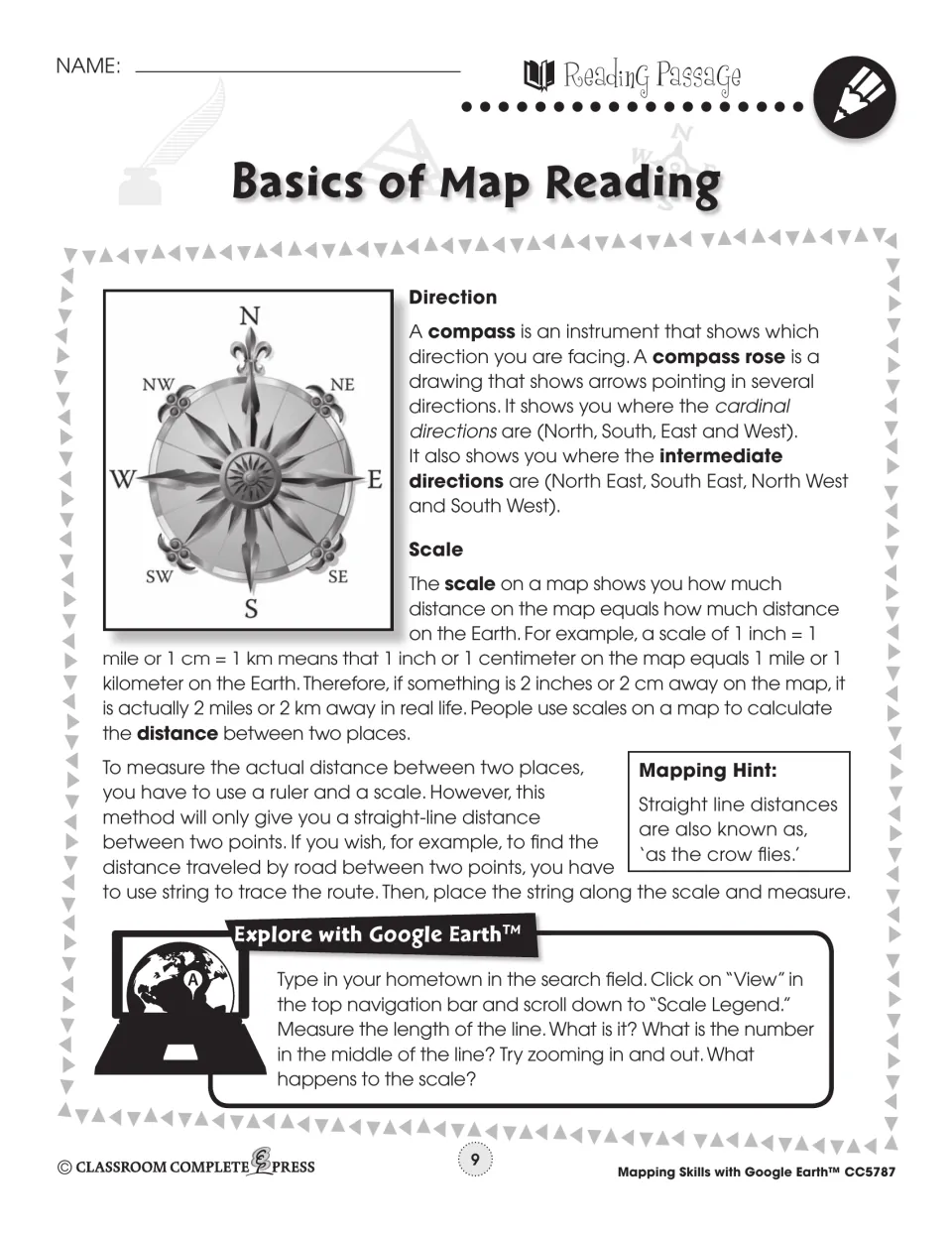 Reading passage on direction and scale: compass rose with cardinal and intermediate points, measuring distance with string