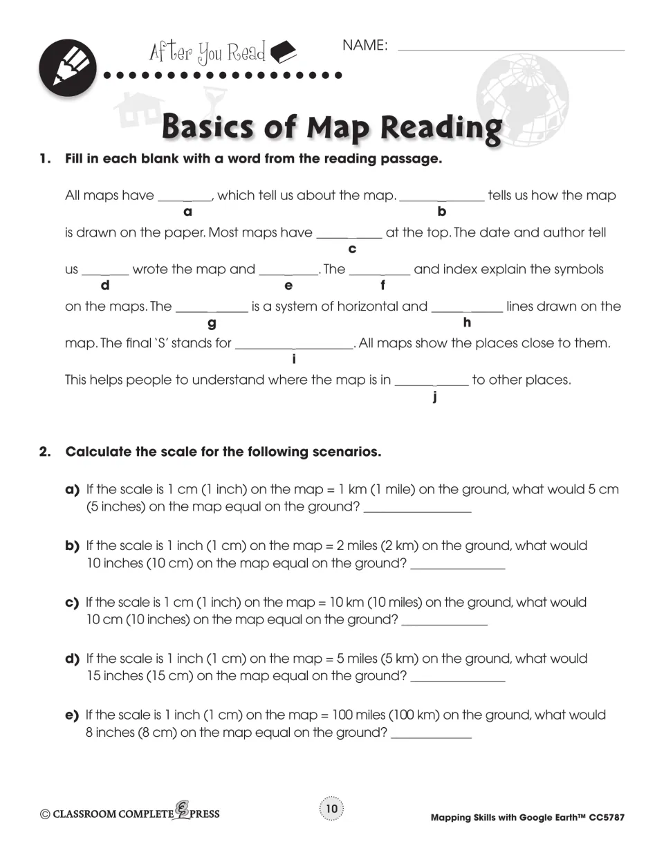 Map reading review: students fill in 10 blanks about map parts, then calculate ground distances for five map scale problems