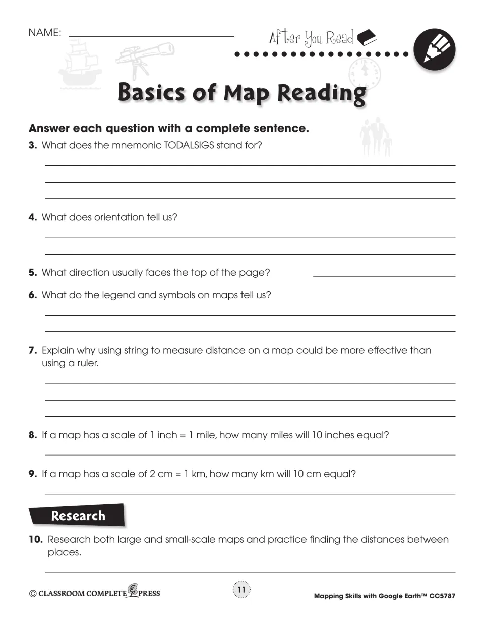 Short-answer questions on TODALSIGS, orientation, legends and scale conversions, plus research on large and small-scale maps