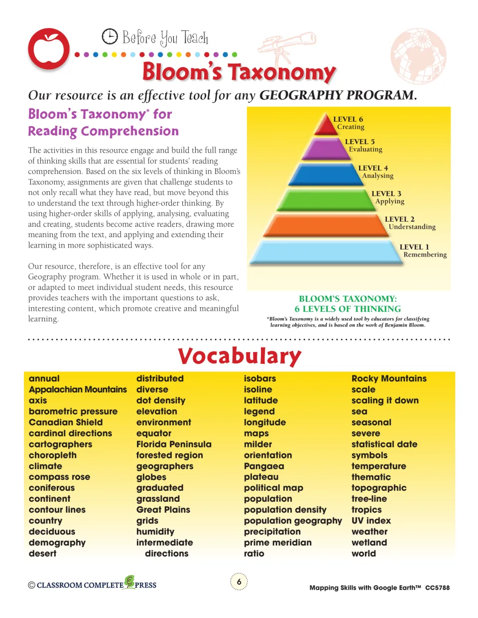 Teacher reference explains Bloom’s six thinking levels and lists mapping vocabulary, including latitude and scale.