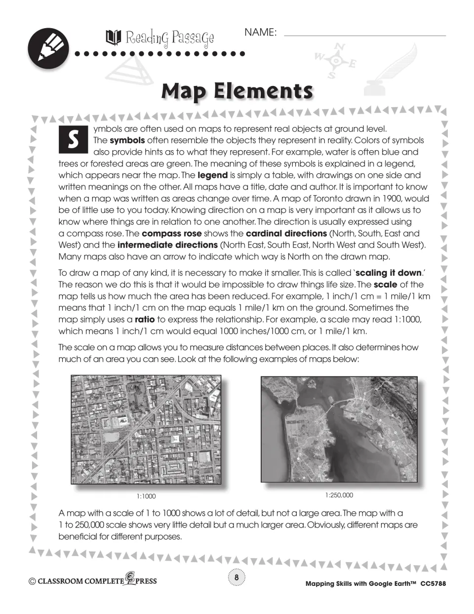 Map Elements reading introduces symbols, legends, compass directions, and scale using two aerial map examples.
