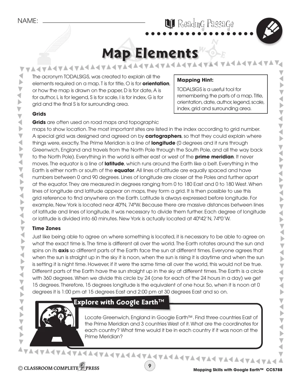 Map Elements reading explains TODALSIGS, coordinates, and time zones, followed by a Google Earth task.