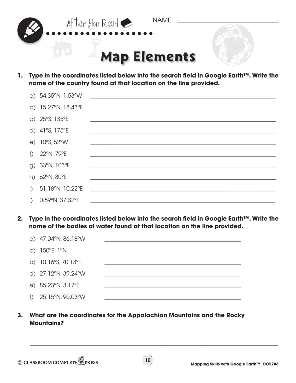 Map Elements practice uses Google Earth coordinates to identify 10 countries, six bodies of water, and mountains.