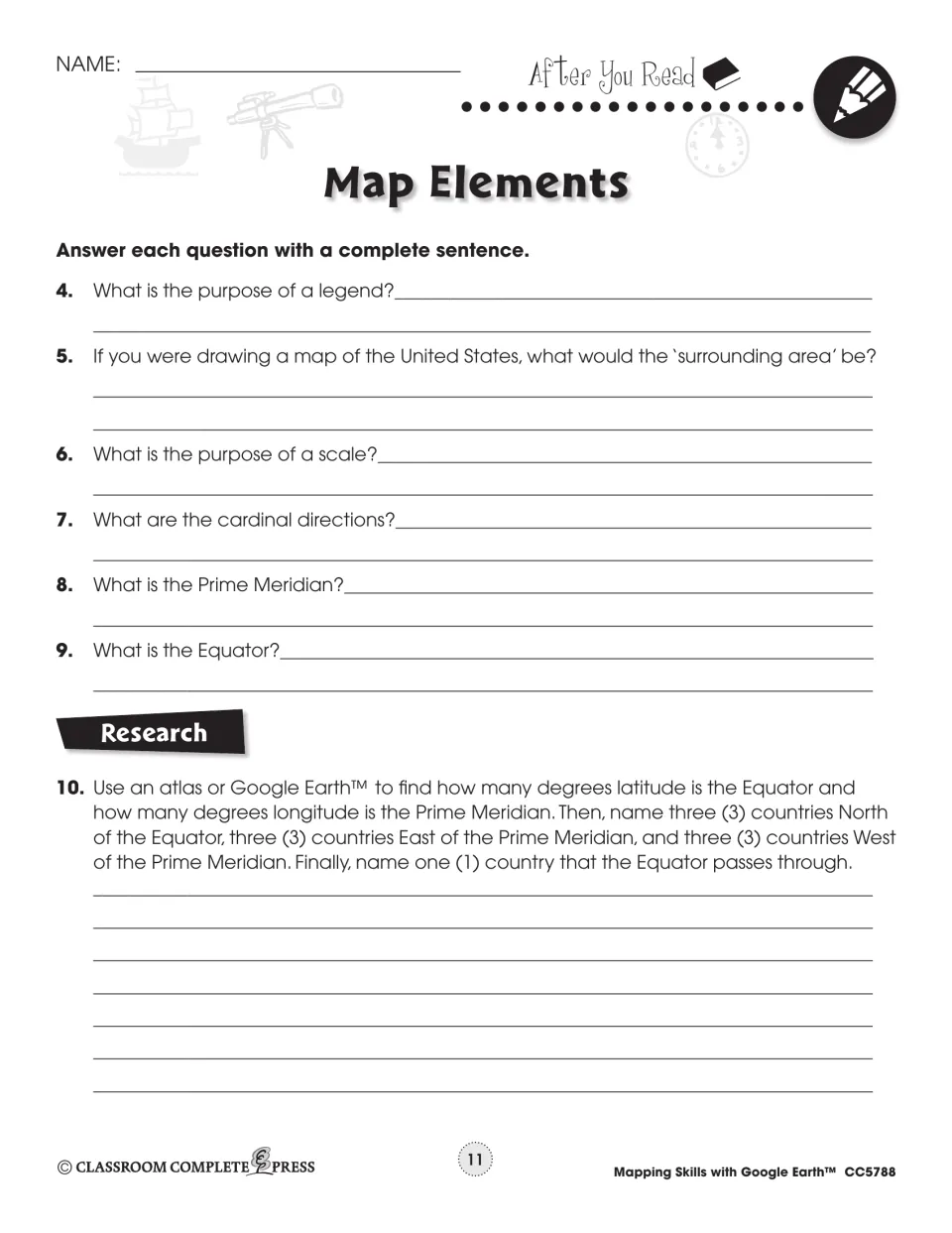Map Elements follow-up asks about legends, scale, directions, the equator, and the prime meridian, plus research.