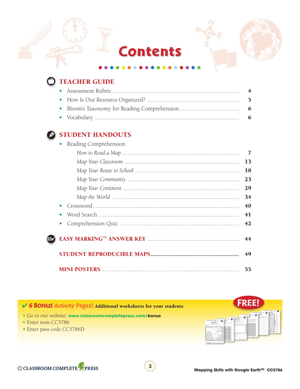Table of contents: teacher guide, six chapters, crossword, word search, quiz, answer key, maps and mini posters