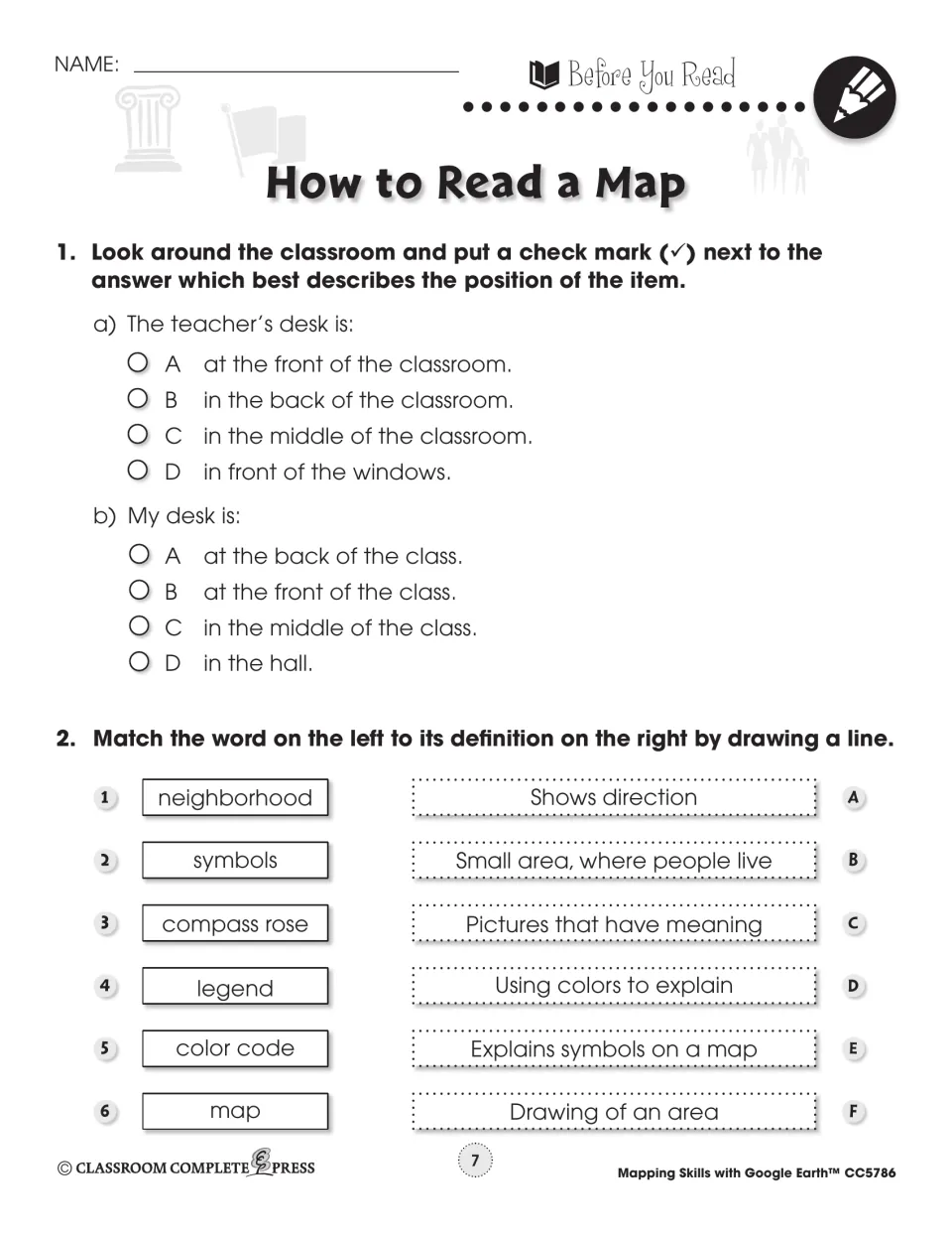 Before-reading page: classroom position questions, then matching words like symbols and legend to definitions
