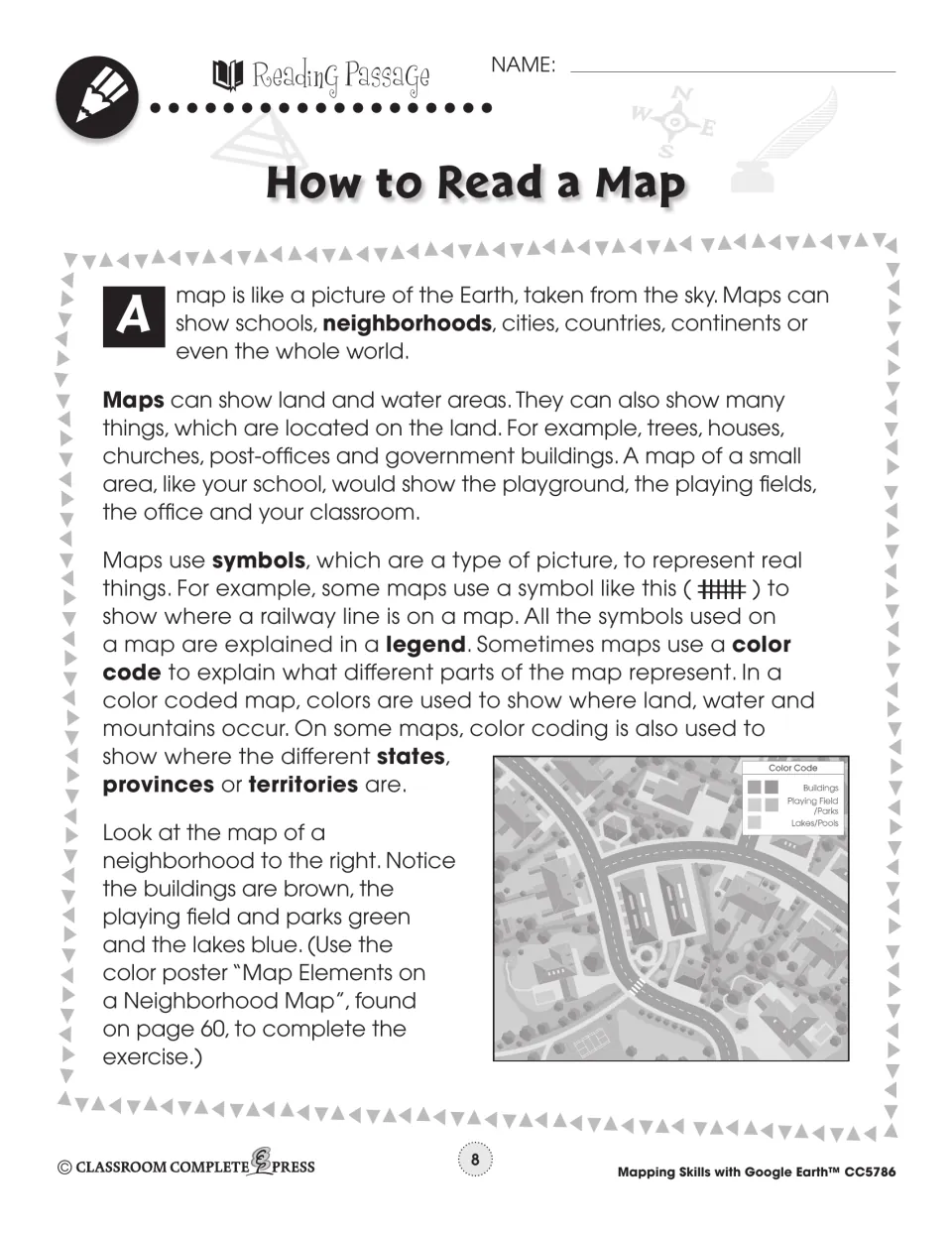 Reading passage part 1 on maps, symbols, legends and color codes, with a color-coded neighborhood map