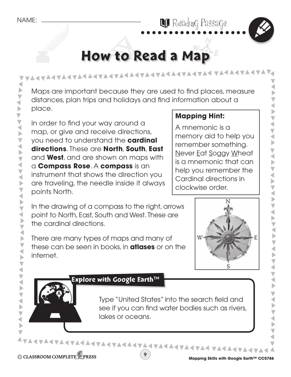 Reading passage part 2: cardinal directions, compass rose, the 'Never Eat Soggy Wheat' hint and a Google Earth task