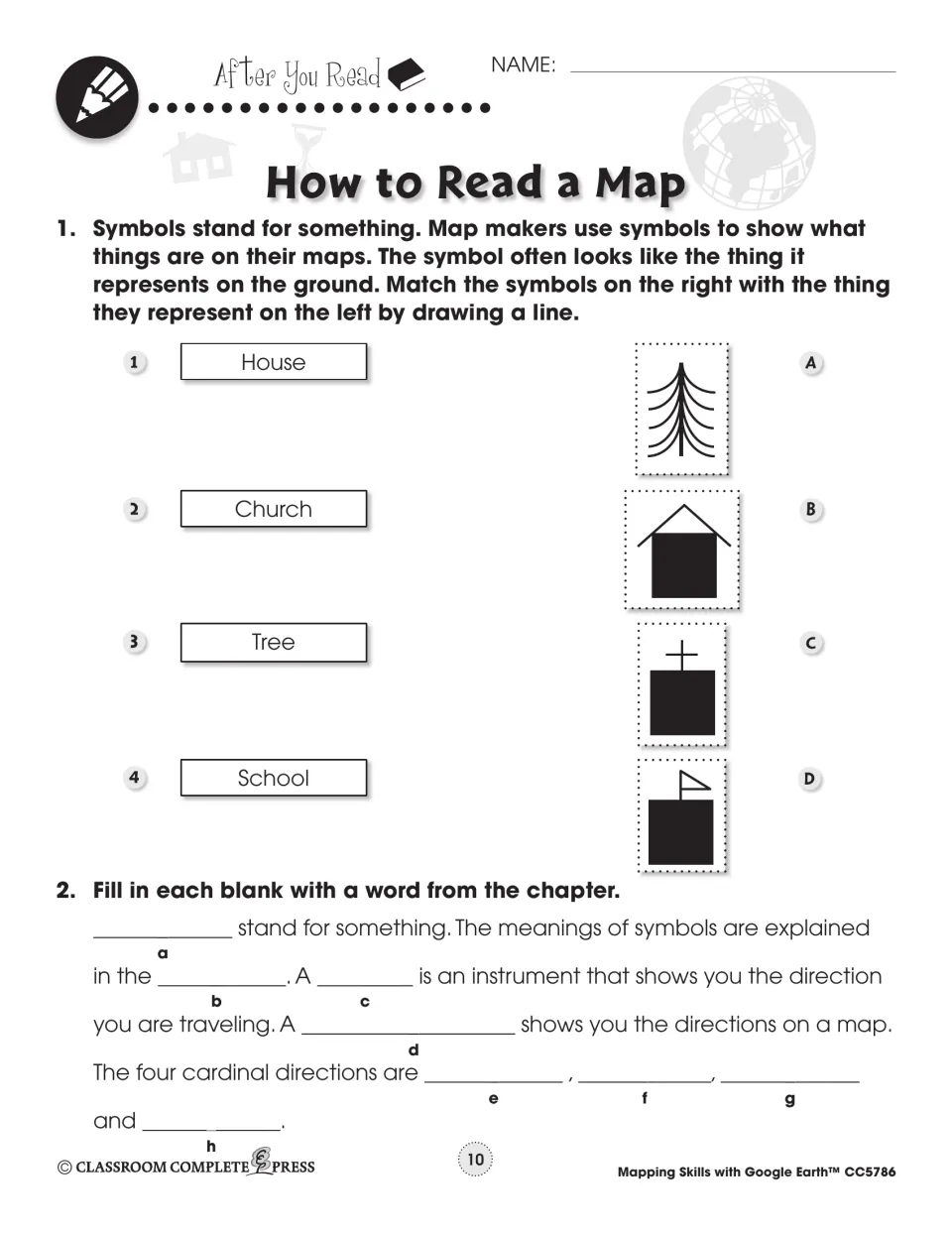 After-reading page: match House, Church, Tree and School to map symbols, then fill in blanks on cardinal directions
