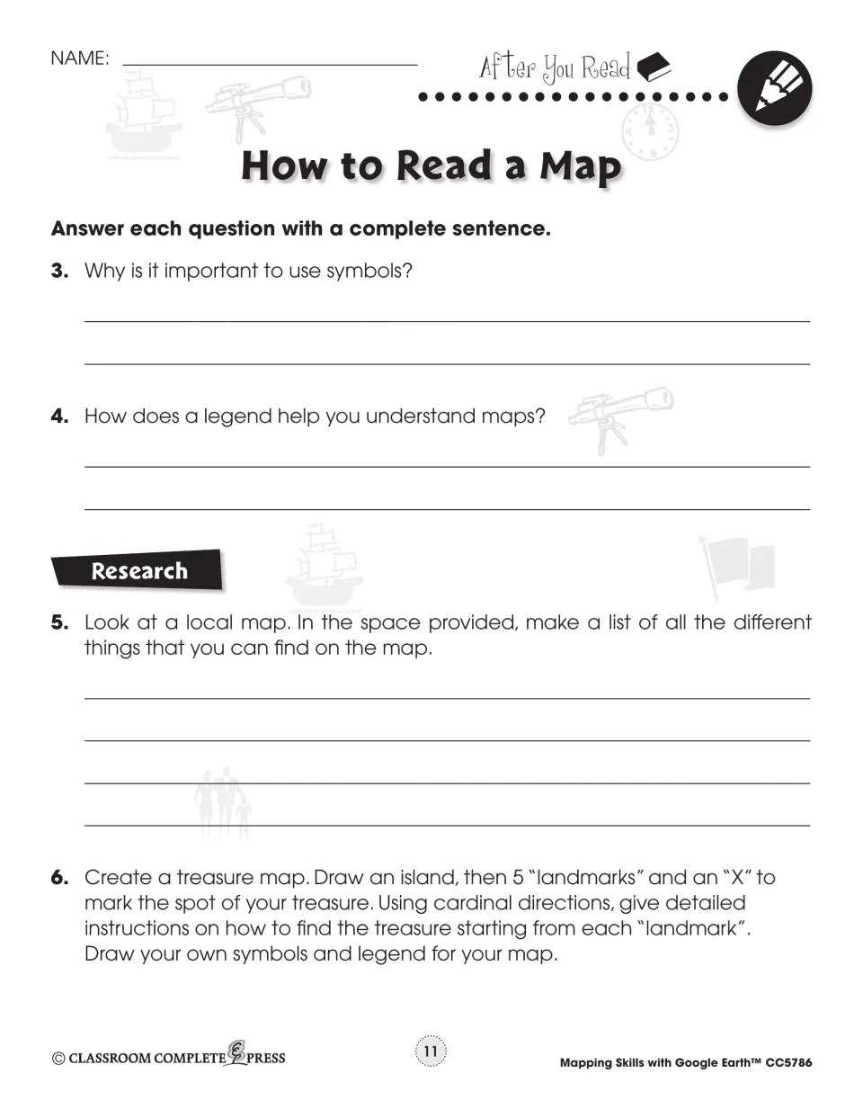 After-reading questions on why symbols matter and how legends help, plus a local map list and a treasure map to draw