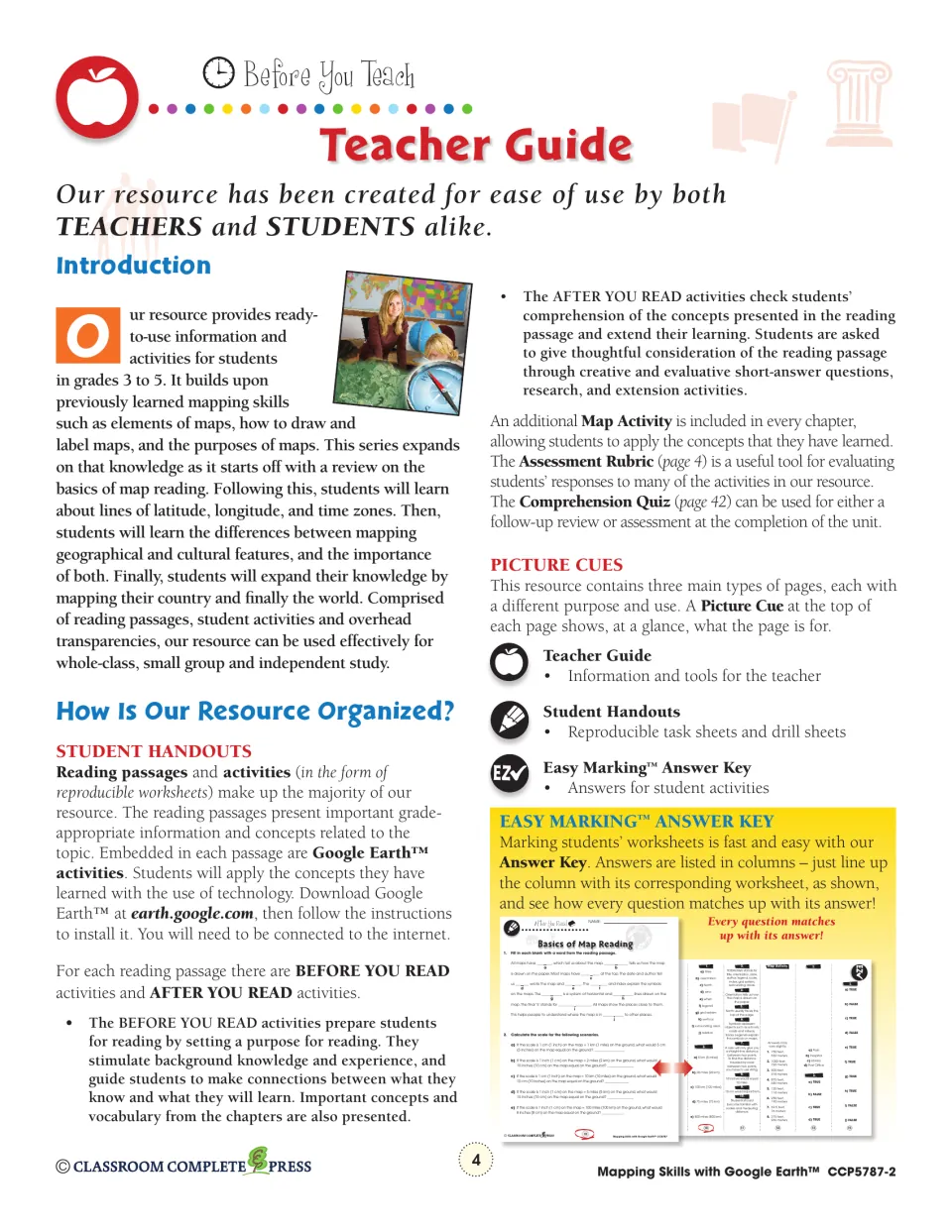 Teacher guide introducing reading passages, Google Earth activities, picture cues and the Easy Marking answer key format