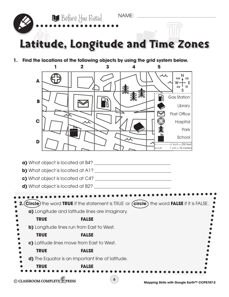 Grid map coordinates: students name the map symbol at B4, A1, C4 and B2, then circle true or false on latitude facts