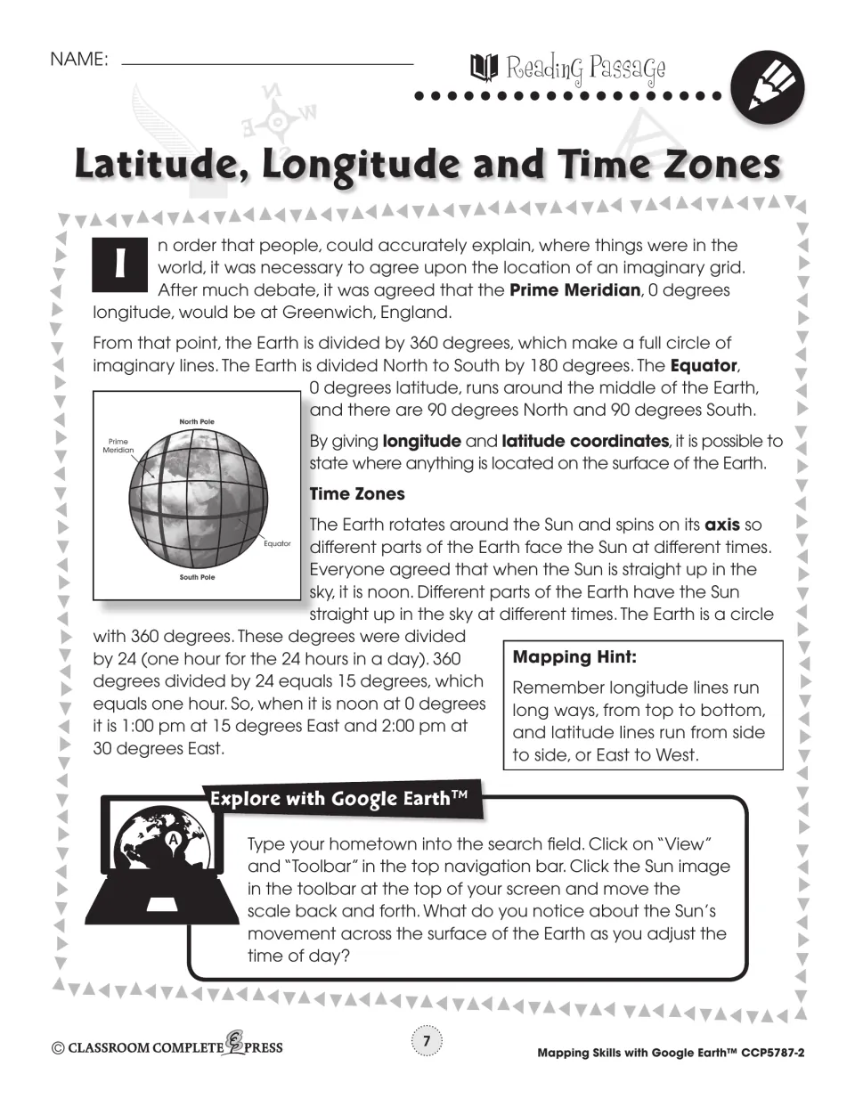 Reading passage on the Prime Meridian, Equator and why 15 degrees of longitude equals one hour, with Google Earth Sun task