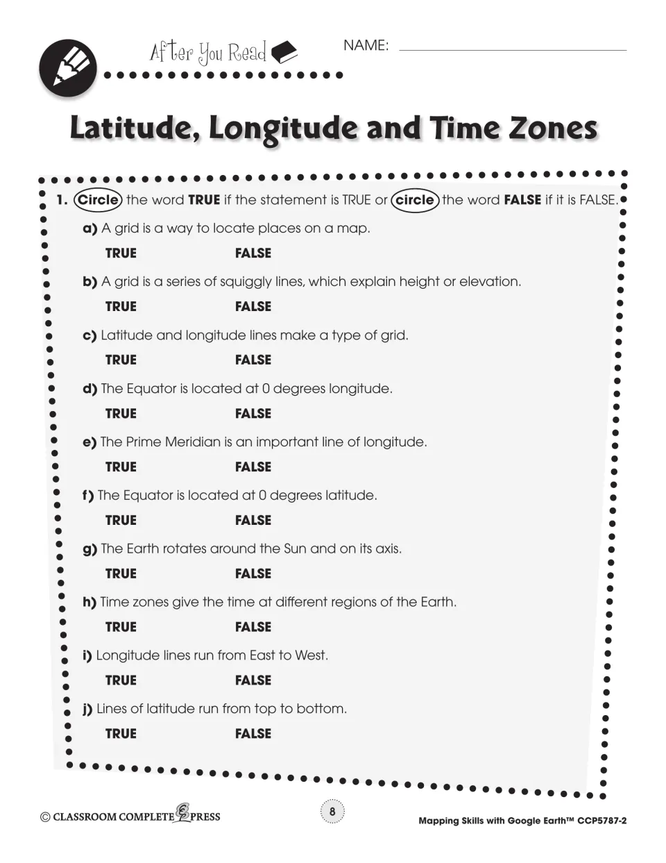 Latitude and longitude review: students circle true or false for ten statements on grids, the Equator and time zones