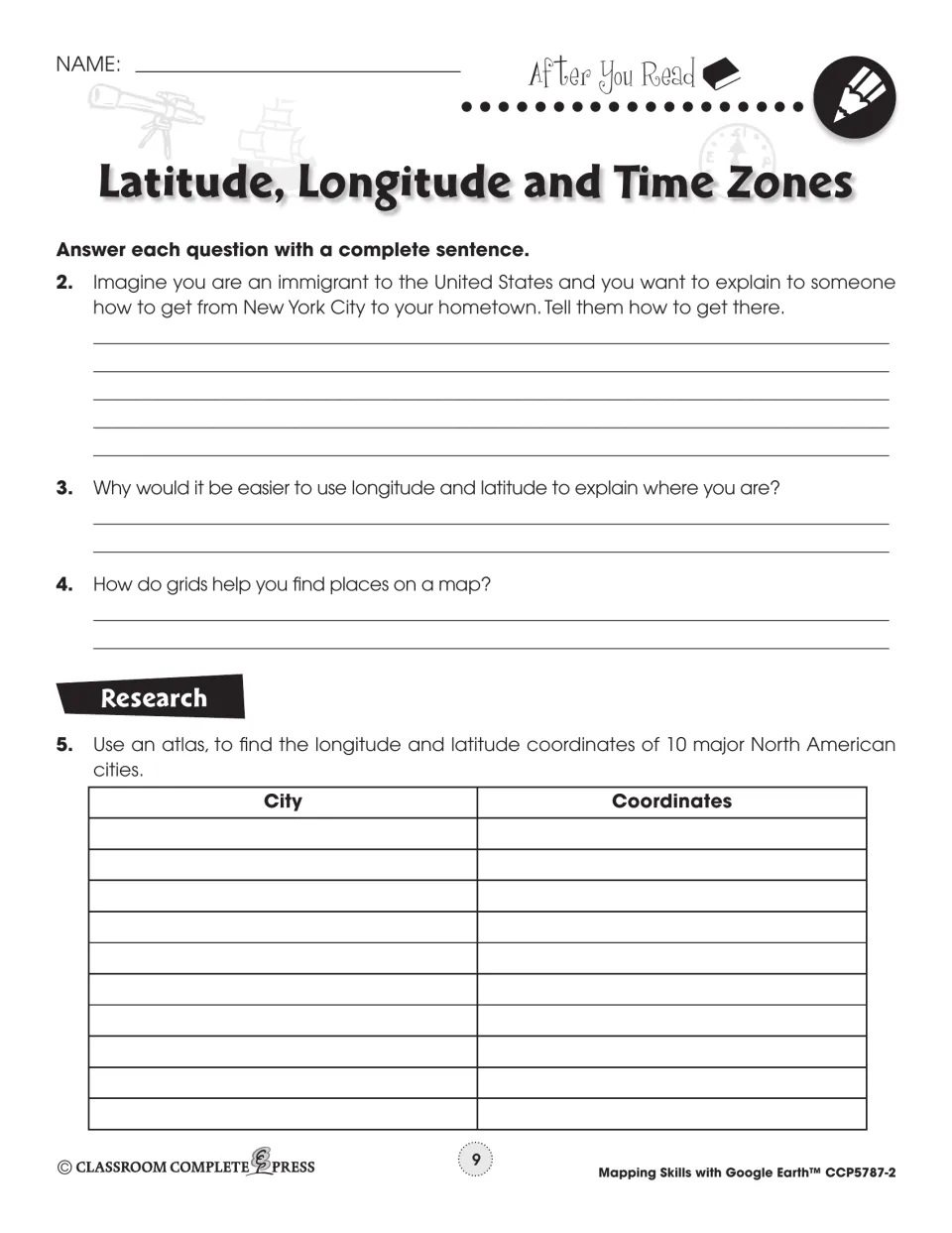 Using coordinates: students answer questions on grids and directions, then list coordinates of 10 North American cities