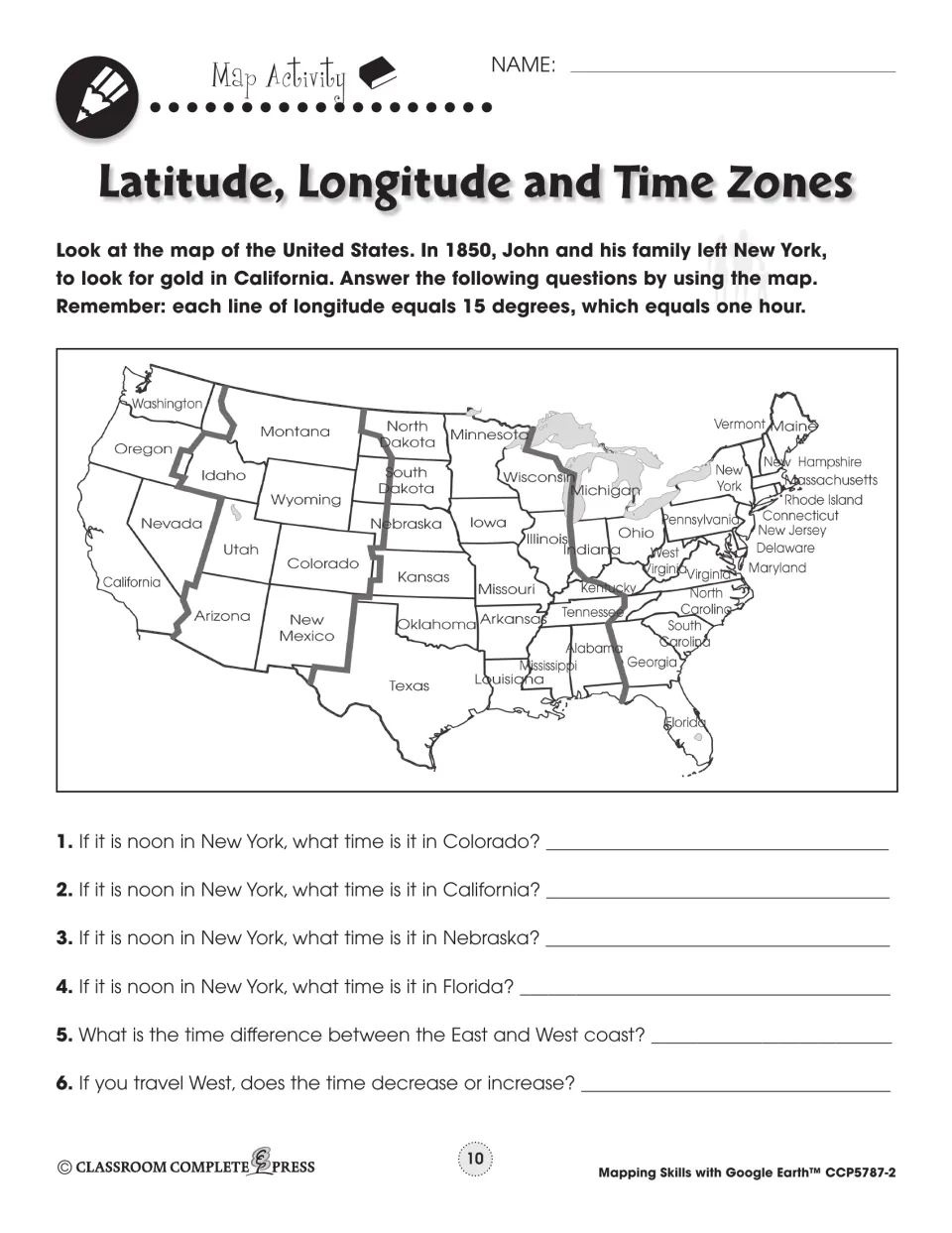 Time zone map activity: students find the time in Colorado, California, Nebraska and Florida at noon in New York