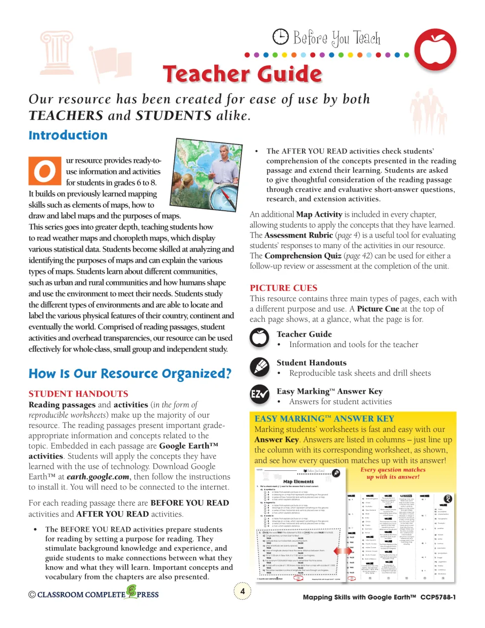 Teacher guide: introduction, how the resource is organized, picture cues and how the Easy Marking answer key lines up