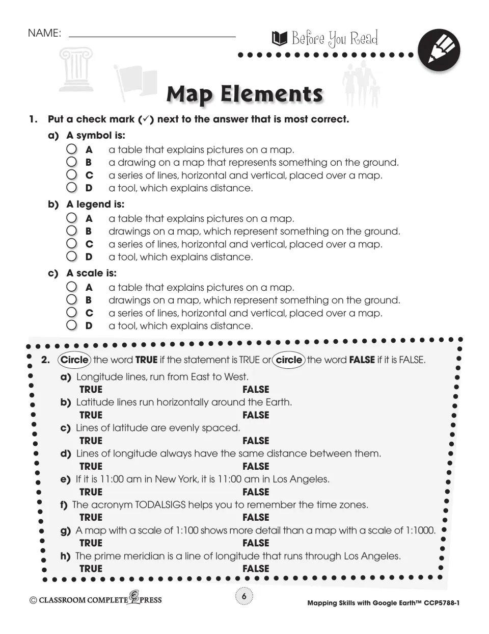 Map elements pre-reading quiz: students pick definitions of symbol, legend and scale, then judge 8 true/false statements