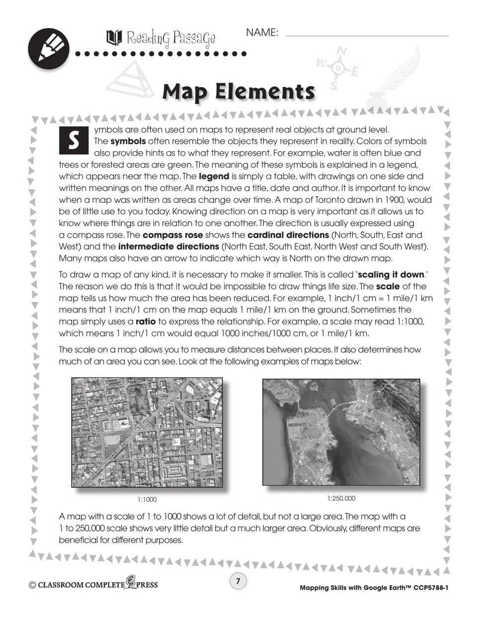 Reading passage on map symbols, legends, compass rose directions and scale, with 1:1000 and 1:250,000 aerial maps