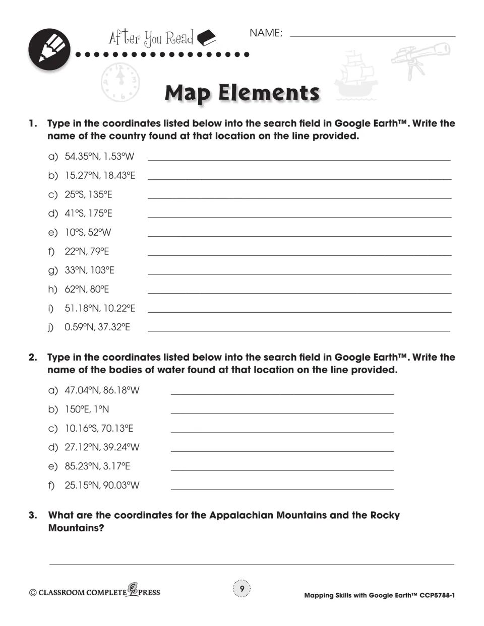 Coordinates practice: students type latitude and longitude into Google Earth to name 10 countries and 6 bodies of water