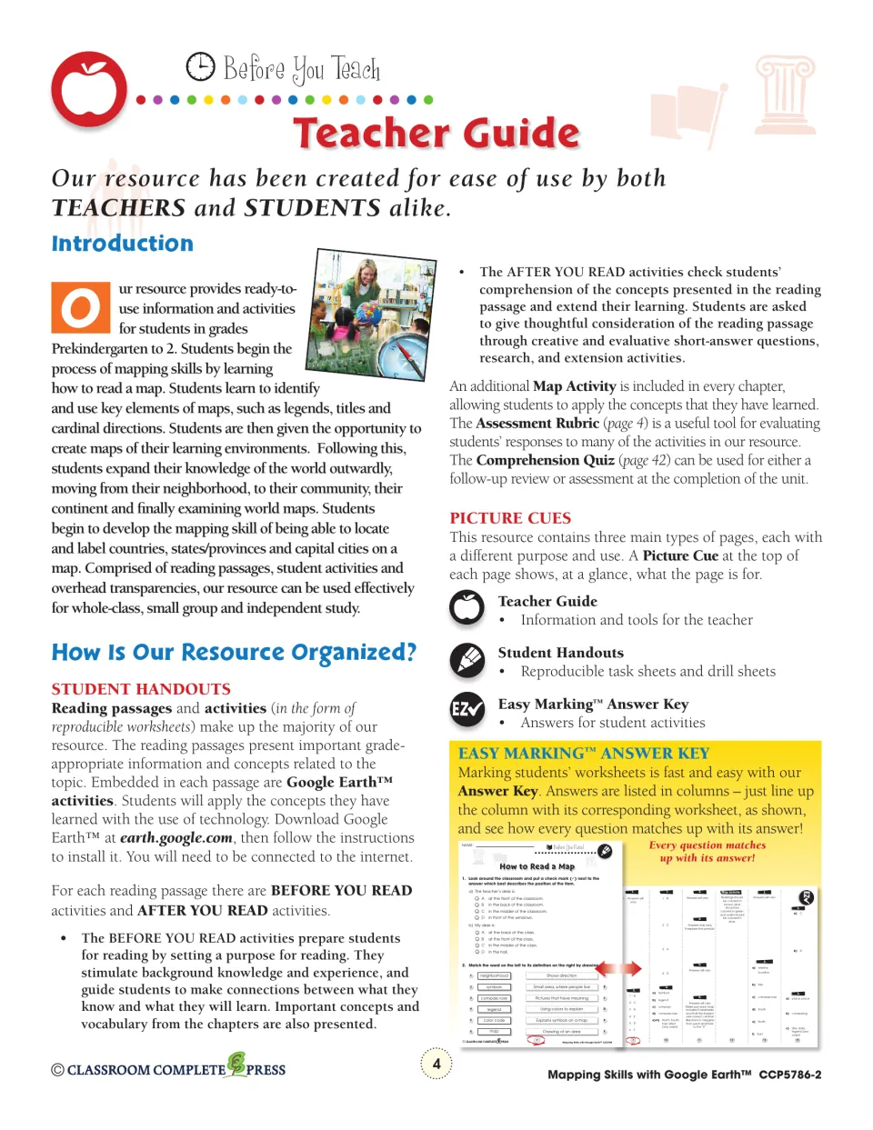 Teacher guide explains reading passages, before- and after-reading activities, Google Earth tasks, and answer keys