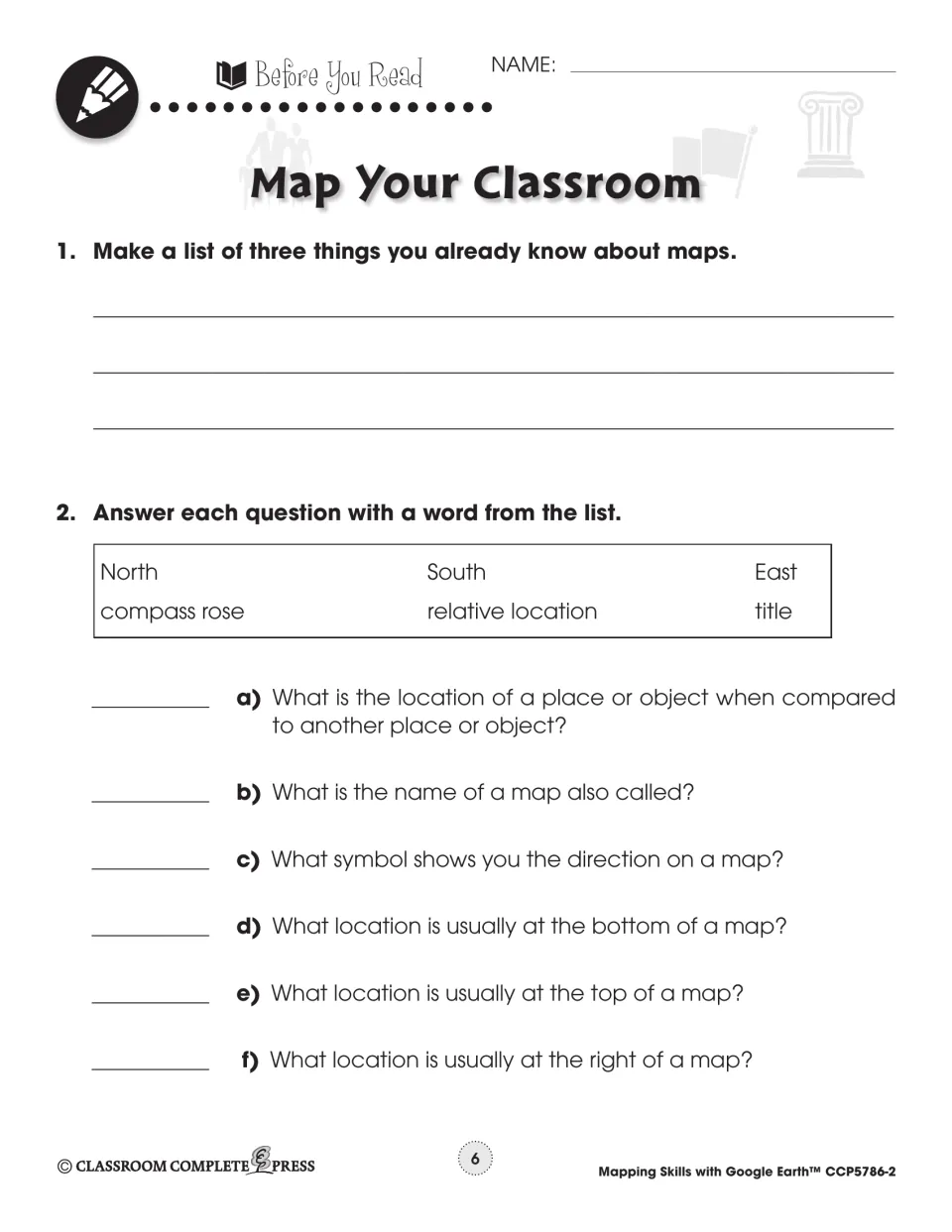 Prereading activity asks for three known map facts and matches six terms, including relative location and compass rose