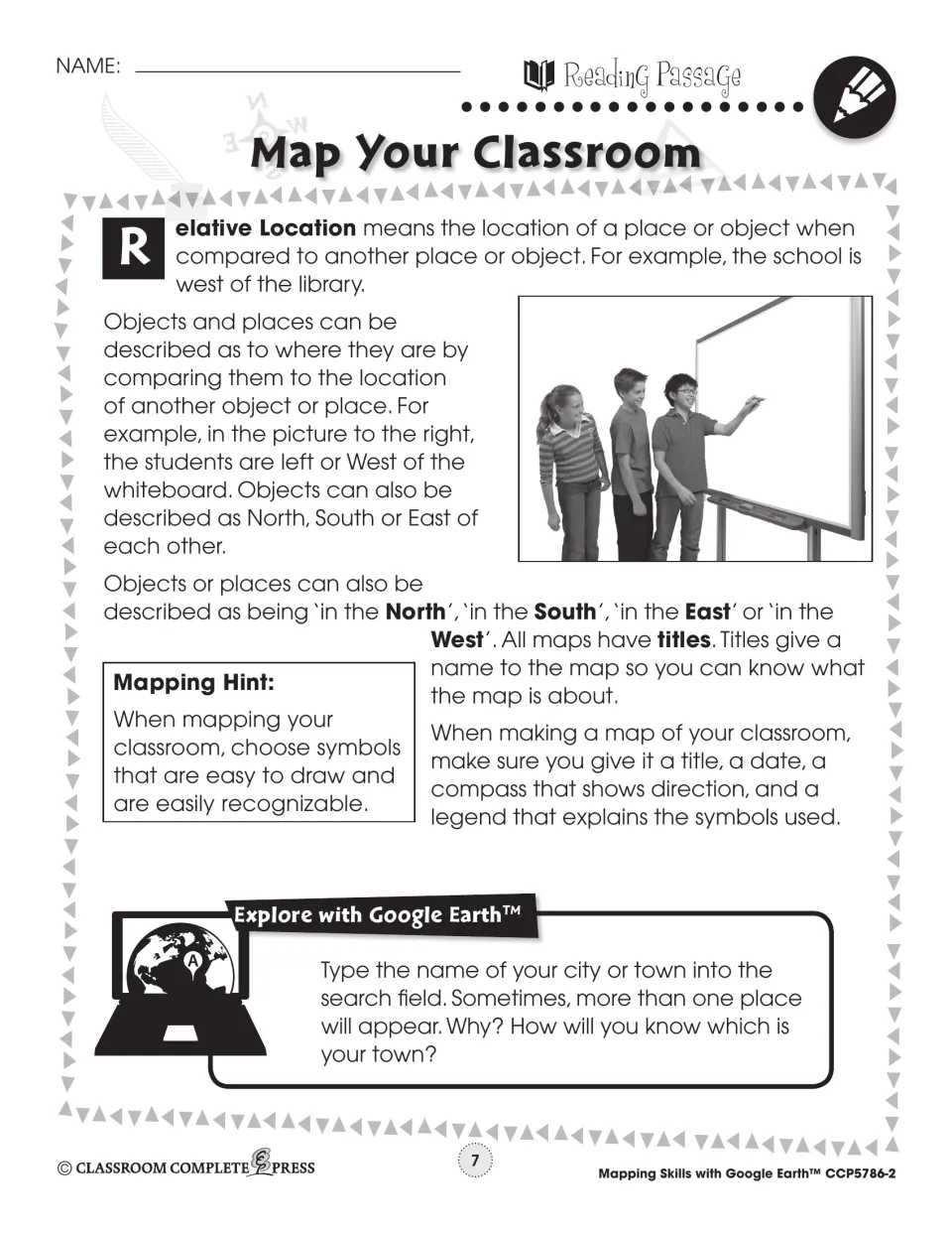 Reading passage explains relative location and classroom map features, followed by a Google Earth town-search task
