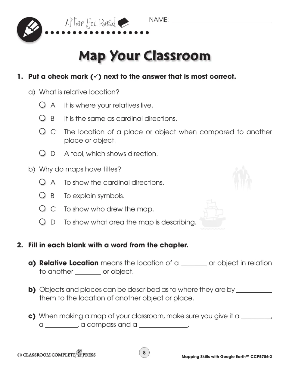Comprehension practice uses multiple-choice and fill-in questions about relative location, map titles, and map features