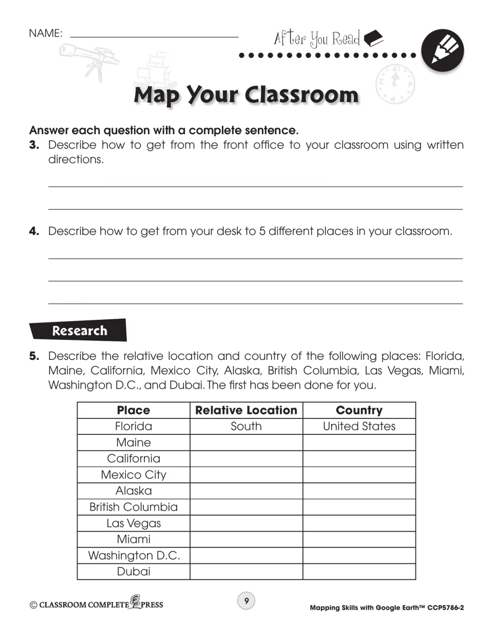 Follow-up tasks ask for school and classroom directions and research on relative locations and countries for 10 places