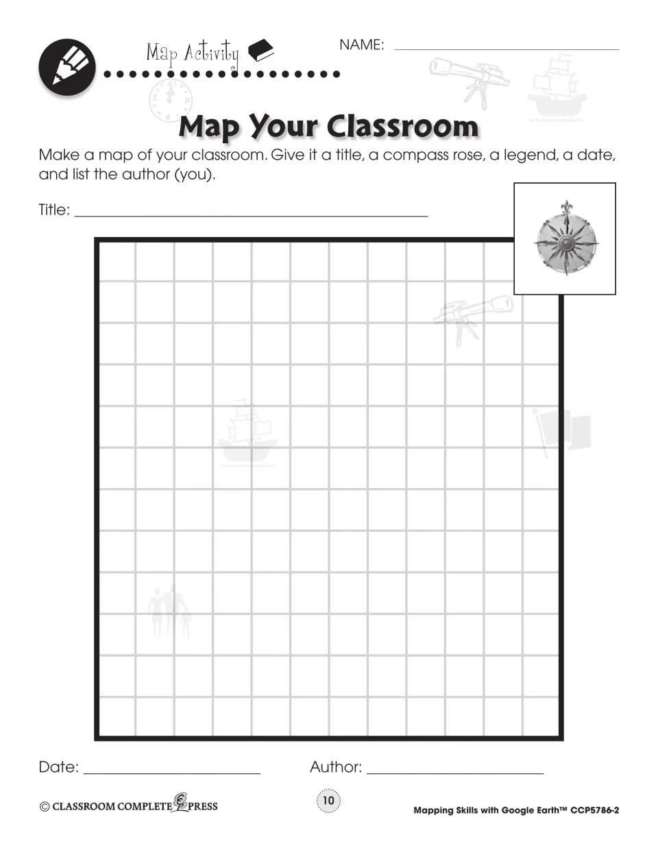 Classroom map-making activity asks students to include a title, compass rose, legend, date, and author on their map