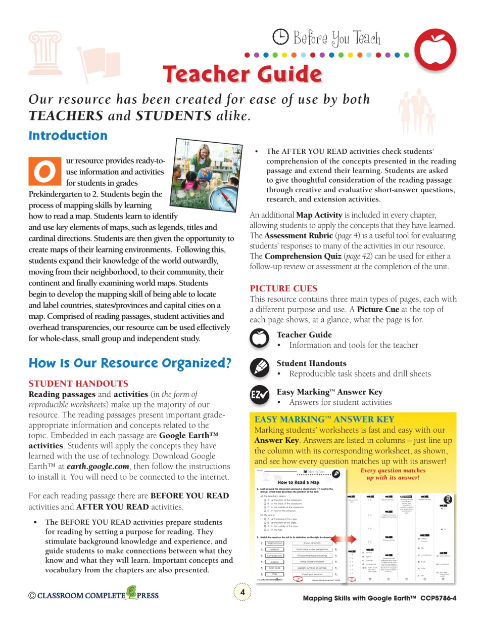 Teacher guide explains reading passages, before- and after-reading activities, Google Earth tasks, and assessment