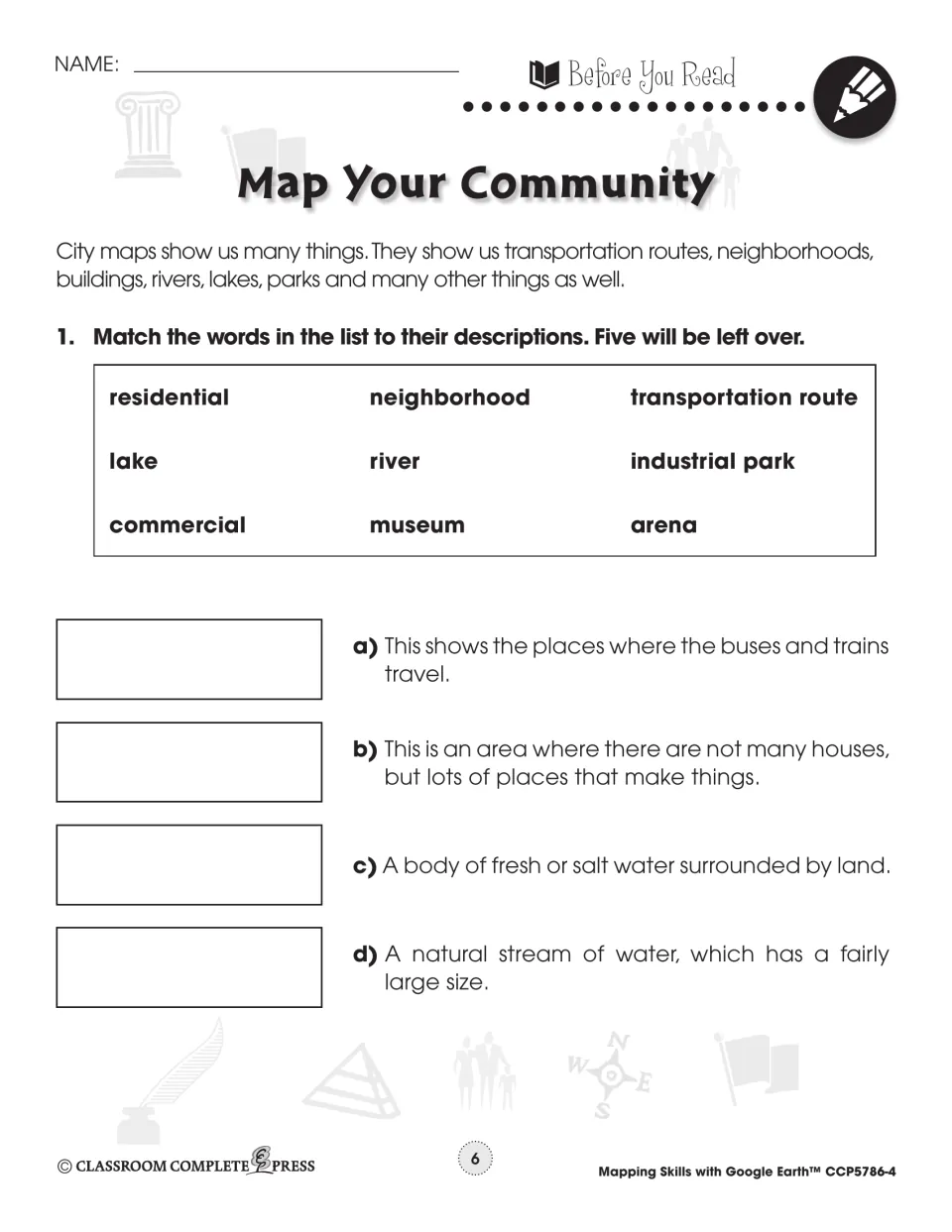Before-reading vocabulary activity asks students to match four definitions to terms from a nine-word list