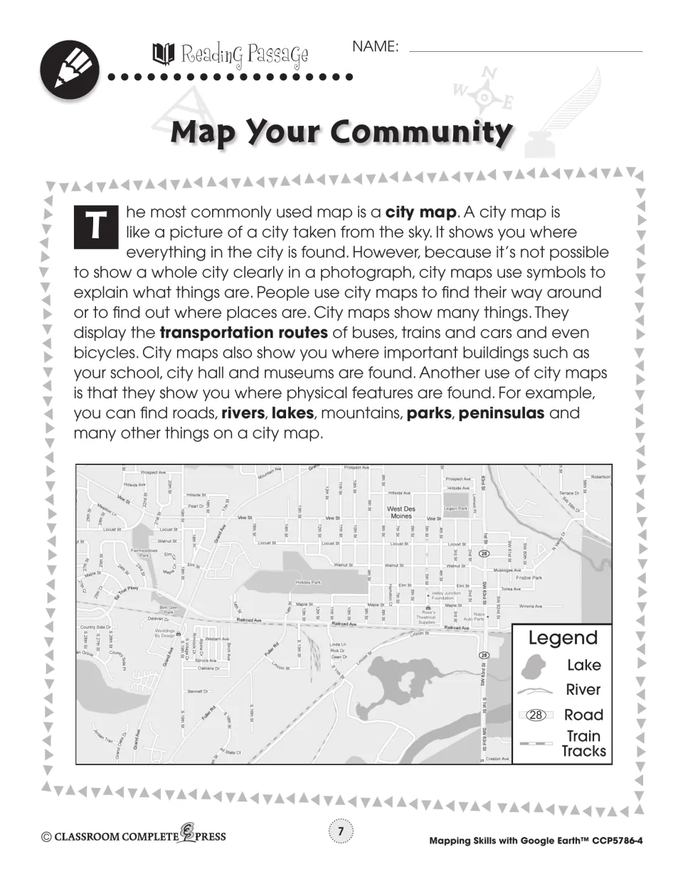 First reading passage explains city maps and symbols, with a map legend for lakes, rivers, roads, and train tracks
