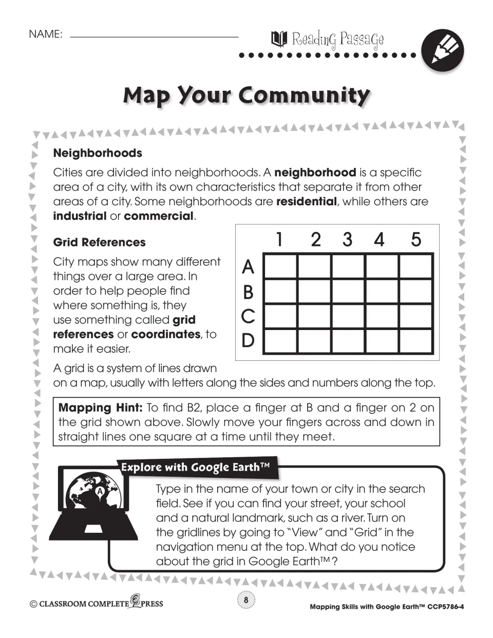 Second reading passage explains neighborhood types and coordinates, followed by a local Google Earth search task