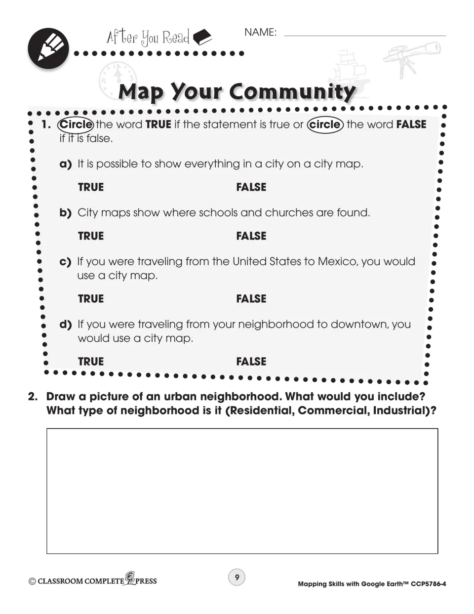 After-reading activities include four true-or-false statements about city maps and an urban neighborhood drawing