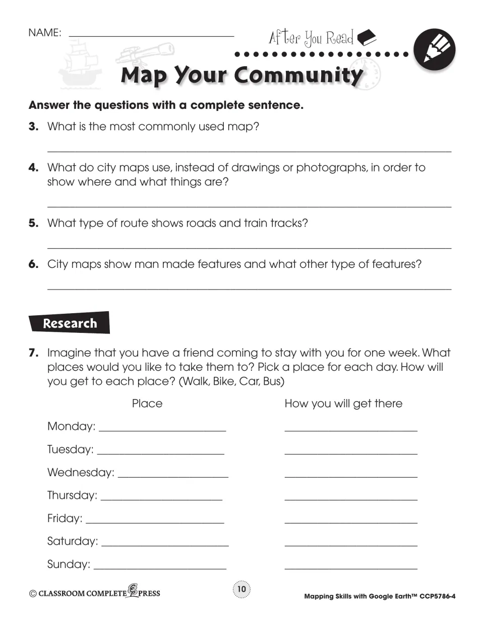 Follow-up questions review city maps, symbols, routes, and features; research asks for seven outings and travel modes