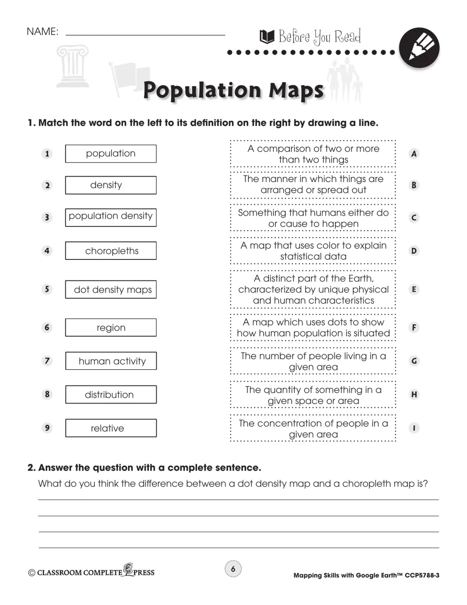 Before You Read: match population, density, choropleths and 6 more words to definitions, plus a short question
