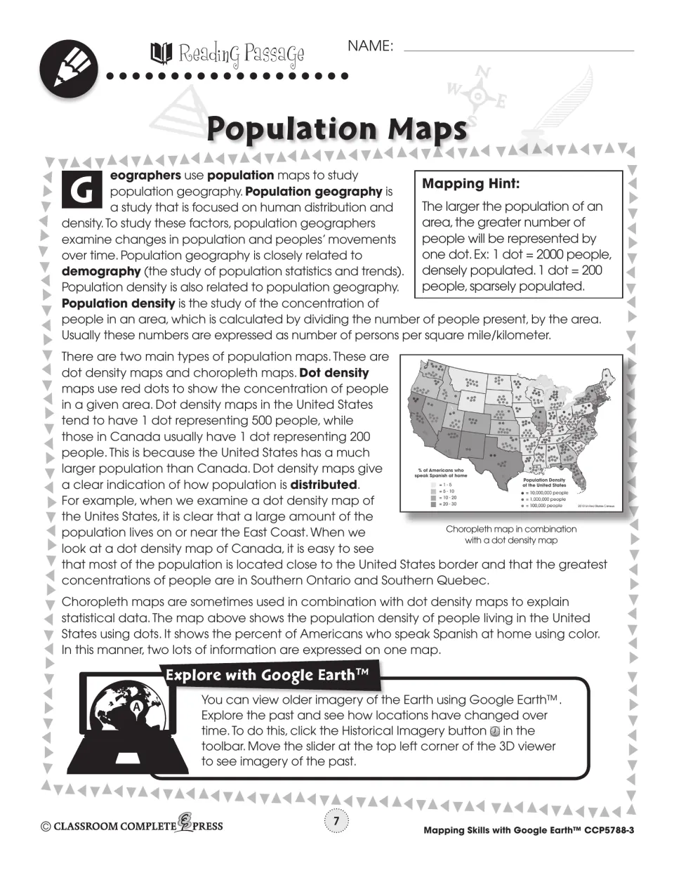 Reading passage on population geography, dot density and choropleth maps, with a U.S. map combining both types