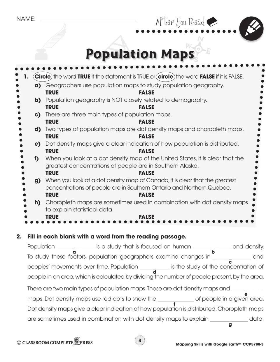 After You Read: 8 true-or-false statements on population maps and a fill-in-the-blank paragraph with 7 blanks