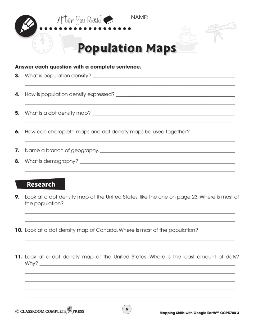After You Read questions 3–11 on population density and demography, plus research on U.S. and Canada dot maps