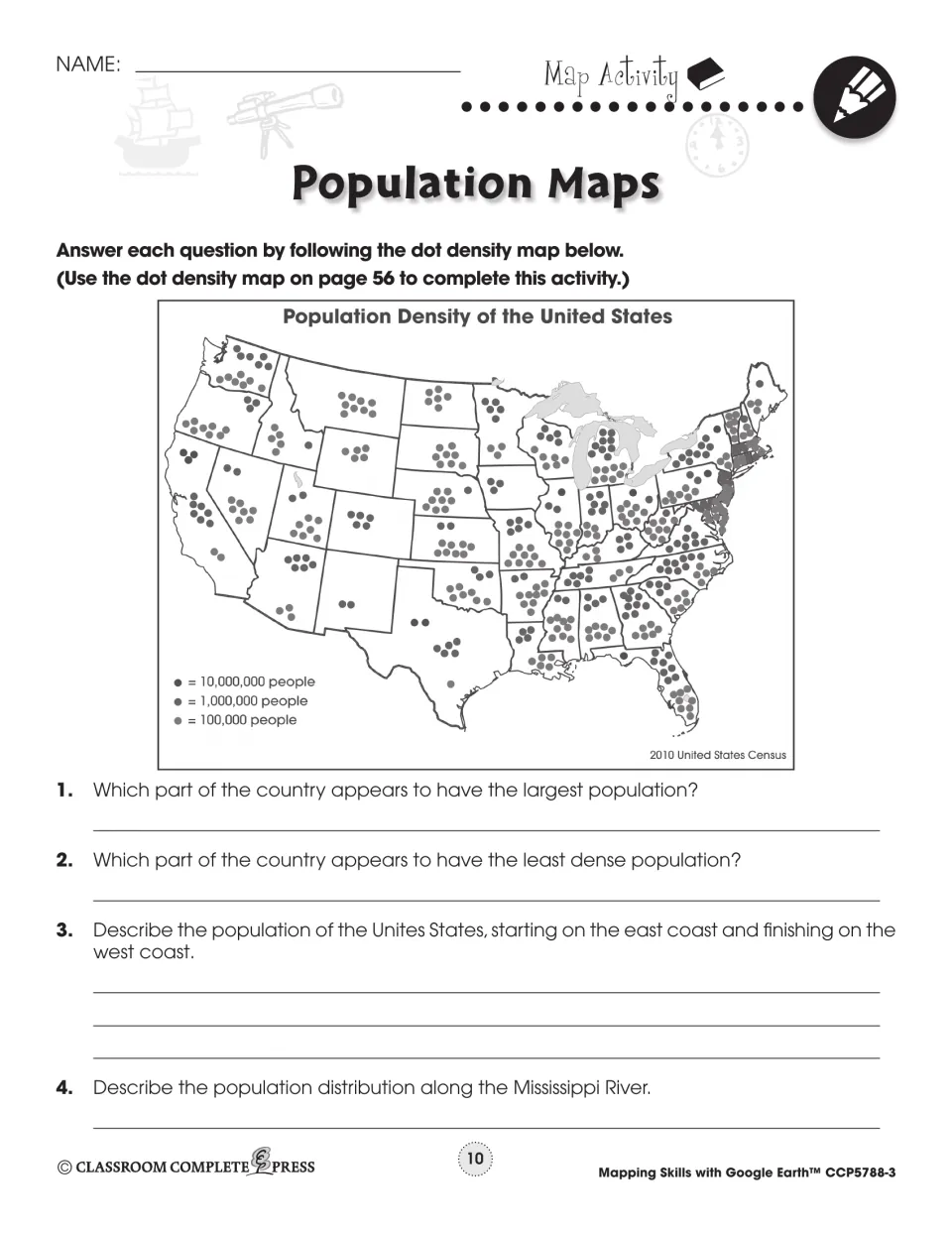 Map activity: 2010 Census dot density map of U.S. population with four questions, including the Mississippi River