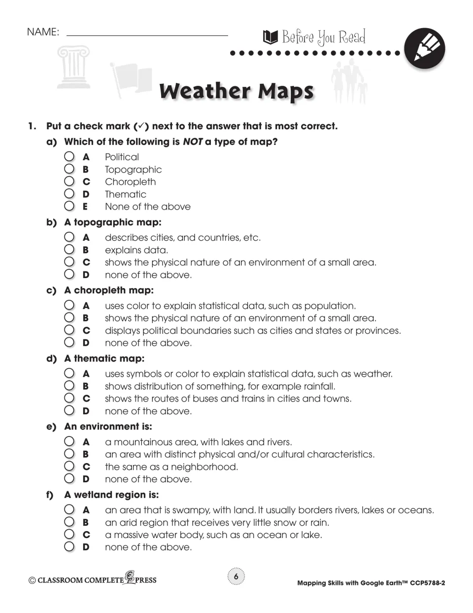 Before You Read: multiple-choice items on topographic, choropleth and thematic maps, environments and wetlands