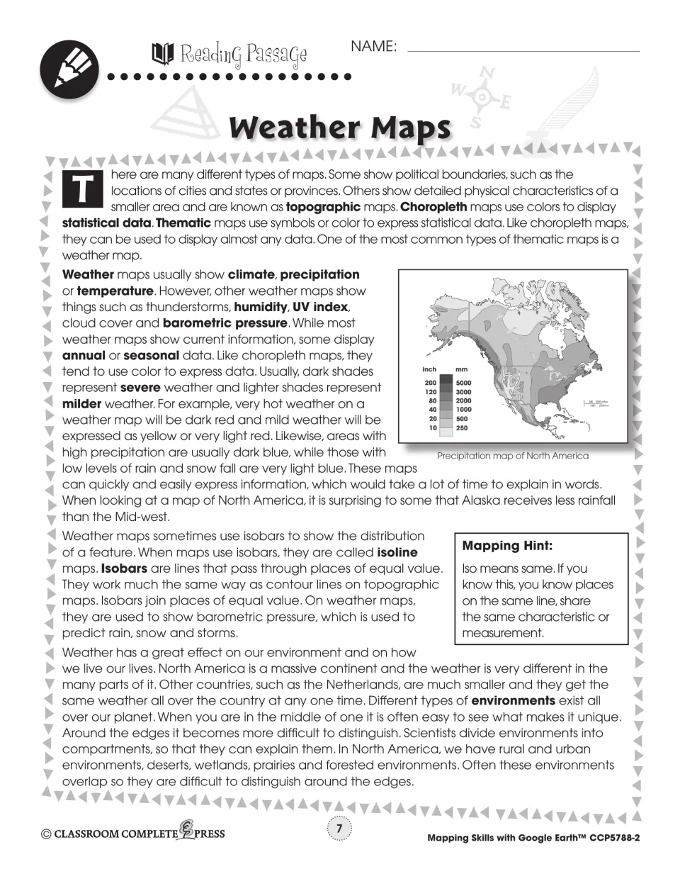 Reading passage part 1 on weather maps, isobars and isoline maps, with a precipitation map of North America
